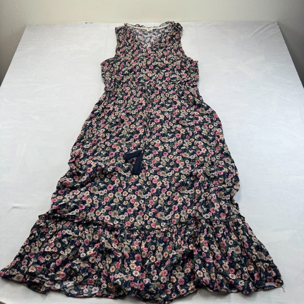 Mason & Belle Maxi Dress Womens L Blue Pink Floral Sleeveless Tassels Tie Waist